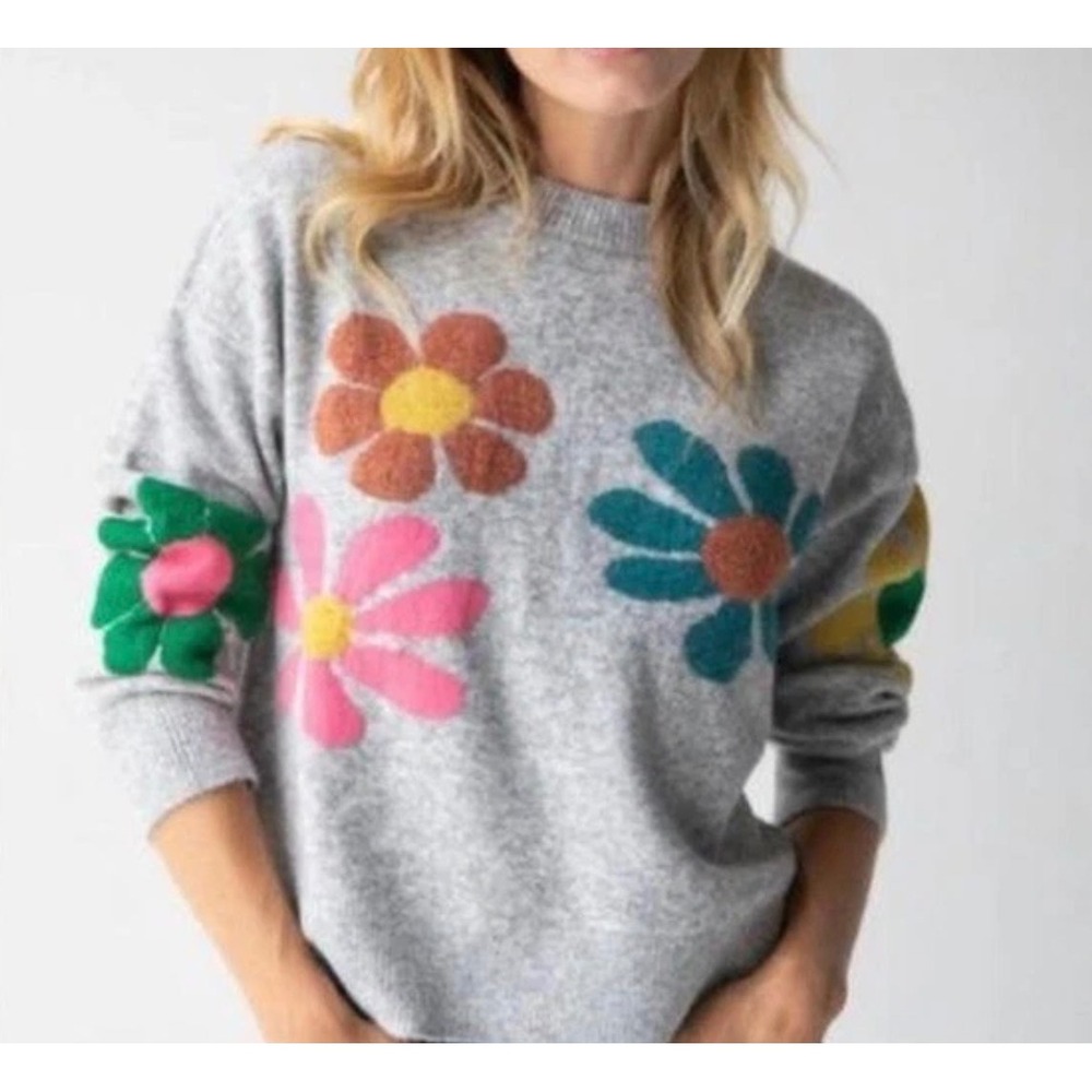 Natural Life Floral Sweater M Gray Boxy Boho CottageCore Y2K Retro Flower Power